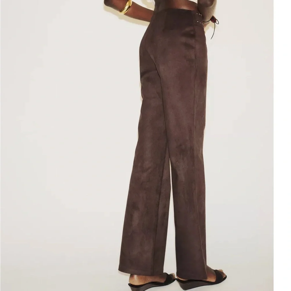 Zara NWT brown studded faux suede embellished pants